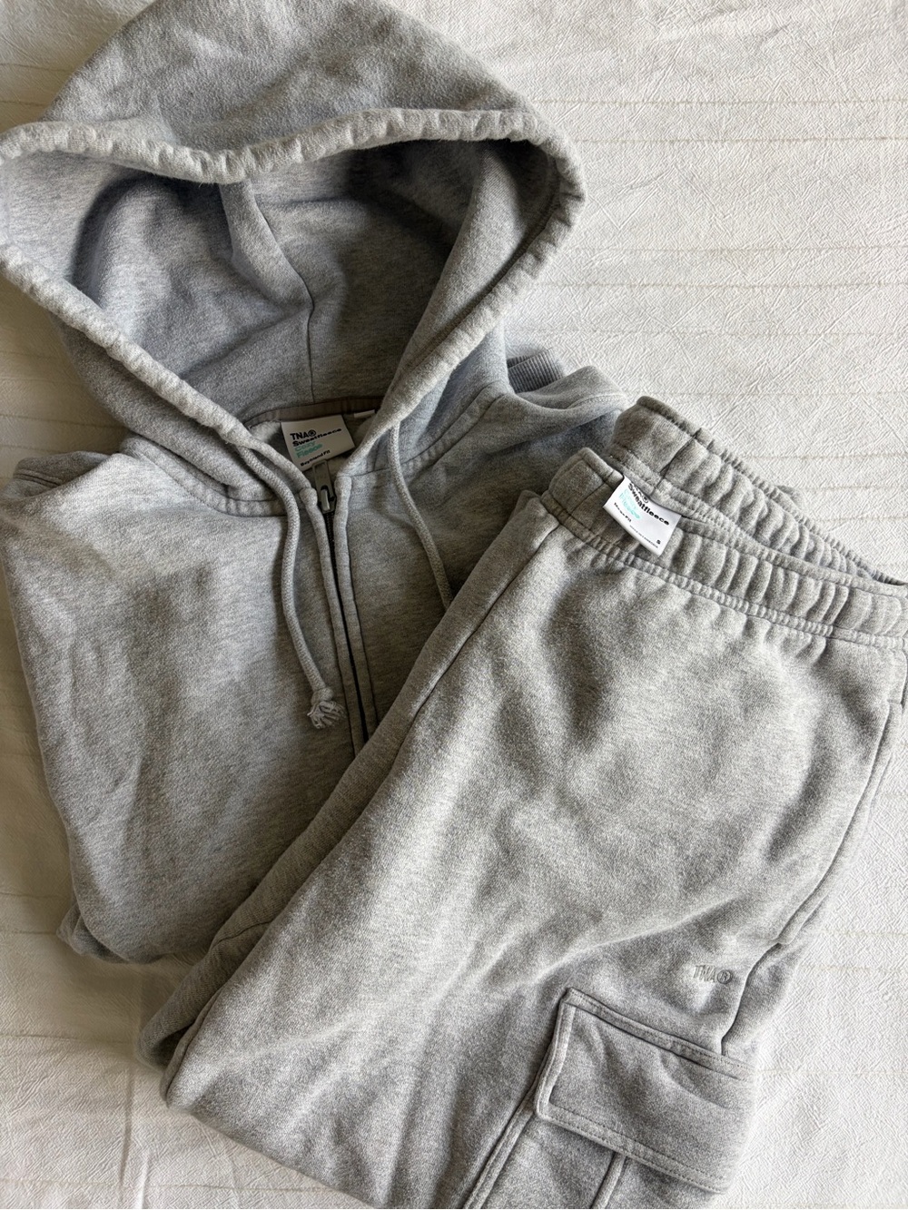 Aritzia TNA Sweatfleece Light Gray Set - Zip Hoodie and Cargo Sweatpants